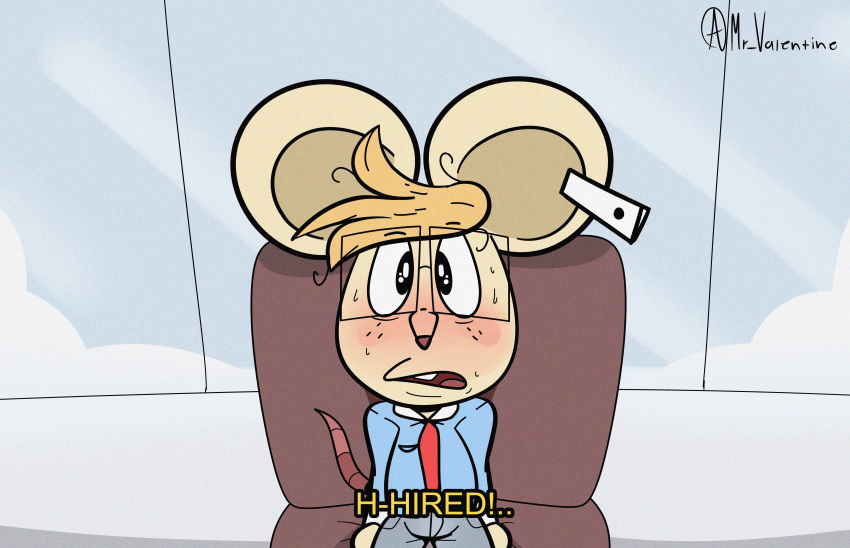 absurd_res big_ears big_eyes blonde_hair chair clothed clothing eyewear furniture glasses hair hi_res horny horny_face large_nose male mammal micke_mousley(mr_valentine00) mouse mr_valentine00 murid murine office rodent solo suit text