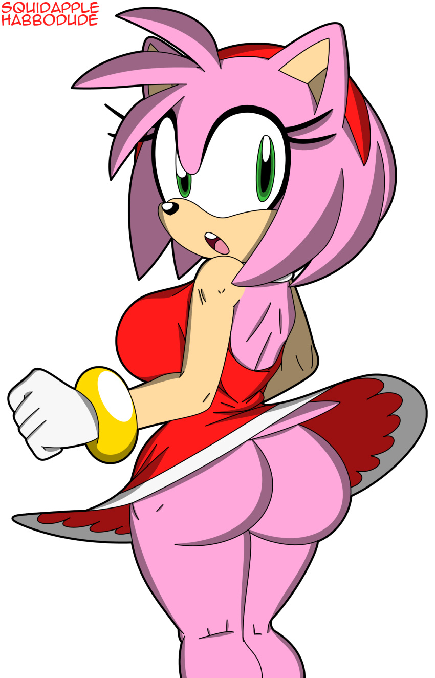 amy_rose animal_humanoid anthro back_pose big_breasts big_butt breasts butt clothed clothing eulipotyphlan eulipotyphlan_humanoid female habbodude hedgehog hedgehog_humanoid hi_res humanoid looking_back mammal mammal_humanoid no_underwear partially_clothed sega short_stack solo sonic_the_hedgehog_(series) squidapple thick_thighs tight_clothing wide_hips
