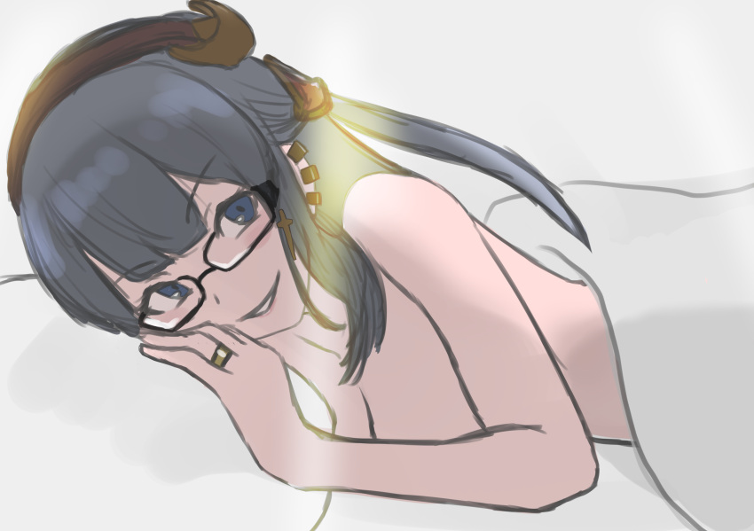 1girl absurdres bed_sheet blue_eyes dark_blue_hair earrings granblue_fantasy hair_ornament highres illnott jewelry looking_at_viewer medium_hair nude pillow ring sketch smile smirk under_covers wangxiang_qingnian wedding_ring white_background