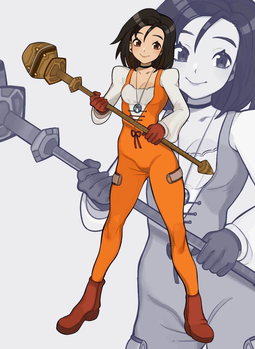 1girl absurdres black_choker black_hair bodysuit boots breasts brown_eyes brown_footwear brown_gloves choker cleavage final_fantasy final_fantasy_ix full_body garnet_til_alexandros_xvii gloves hair_between_eyes highres holding holding_staff jewelry lace-up_top long_sleeves medium_breasts medium_hair orange_bodysuit pendant porqueloin puffy_long_sleeves puffy_sleeves shirt smile solo staff thigh_strap white_shirt