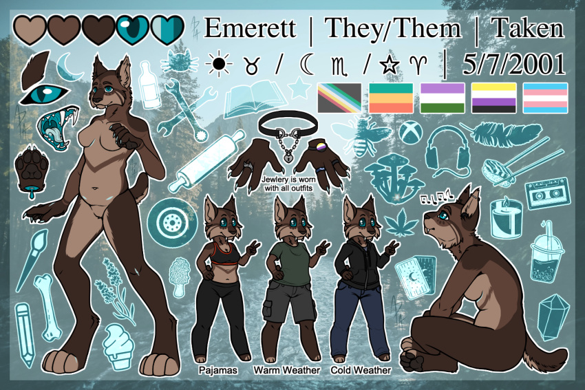 andromorph anthro artist bracelet breasts brown_body brown_fur car claws clothed clothing detailed detailed_background digital_media_(artwork) emerettart english_text felid feline felis flag fur intersex jewelry lgbt_pride looking_at_viewer lynx magic_user mammal model_sheet necklace nonbinary_(lore) nude open_mouth outfit_reference piercing pride_colors rainbow_pride_colors ring smile solo teeth text tongue vehicle witch zodiac_sign zodiac_symbol