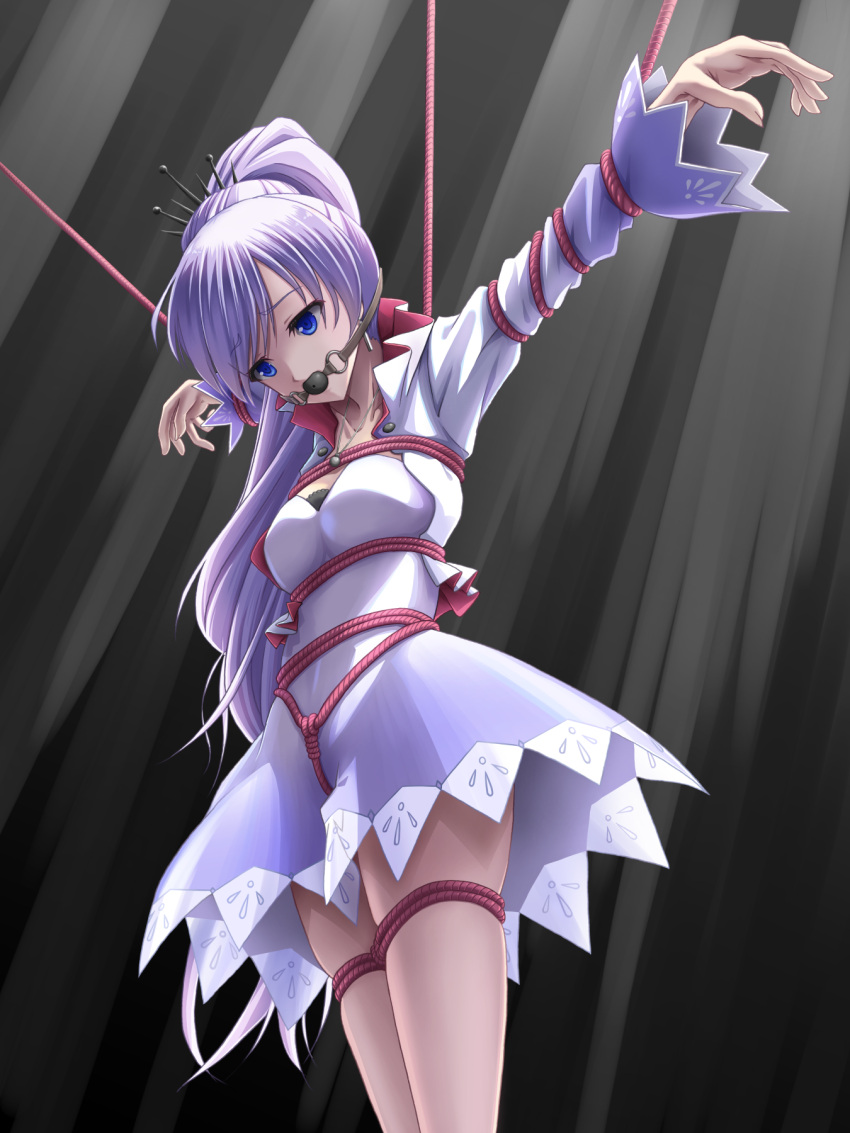 arms_up ball_gag bangs bdsm black_background blue_eyes bondage bound breasts commentary_request cowboy_shot crotch_rope dress earrings facing_viewer gag grey_background highres jacket jewelry leshade_entis long_hair looking_down necklace open_hands outstretched_arms ponytail red_rope rope rwby shibari shibari_over_clothes skindentation sleeveless sleeveless_dress sleeves_past_elbows small_breasts strapless strapless_dress tiara two-tone_background very_long_hair weiss_schnee white_dress white_hair white_jacket