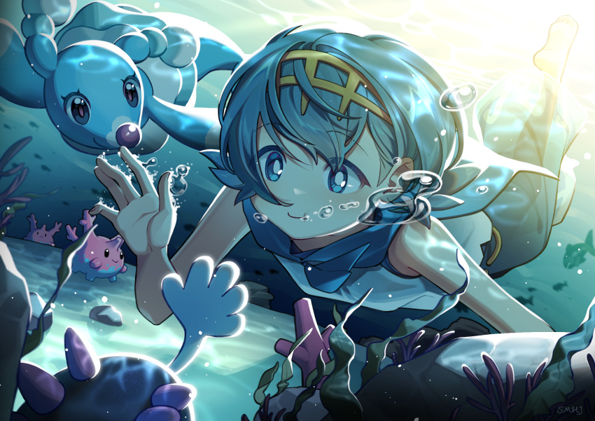 1girl air_bubble barefoot blue_eyes blue_hair blue_sailor_collar bright_pupils brionne bubble closed_mouth commentary_request coral corsola hairband highres lana_(pokemon) ocean pants pokemon pokemon_(creature) pokemon_(game) pokemon_sm pyukumuku sailor_collar shi_mohaji shirt short_hair signature sleeveless sleeveless_shirt smile underwater white_pupils white_shirt yellow_hairband