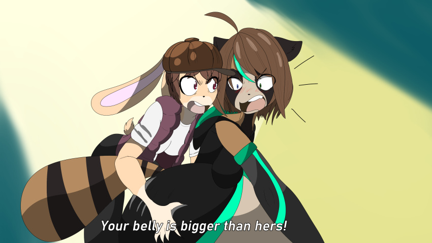 absurd_res anthro belly belly_grab big_belly canid canine duo female grabbing_belly groping_belly hi_res kill_la_kill lagomorph leporid mammal monarchyvore rabbit raccoon_dog redraw shocked studio_trigger tagme tanuki vore yuuki_(monarchyvore)