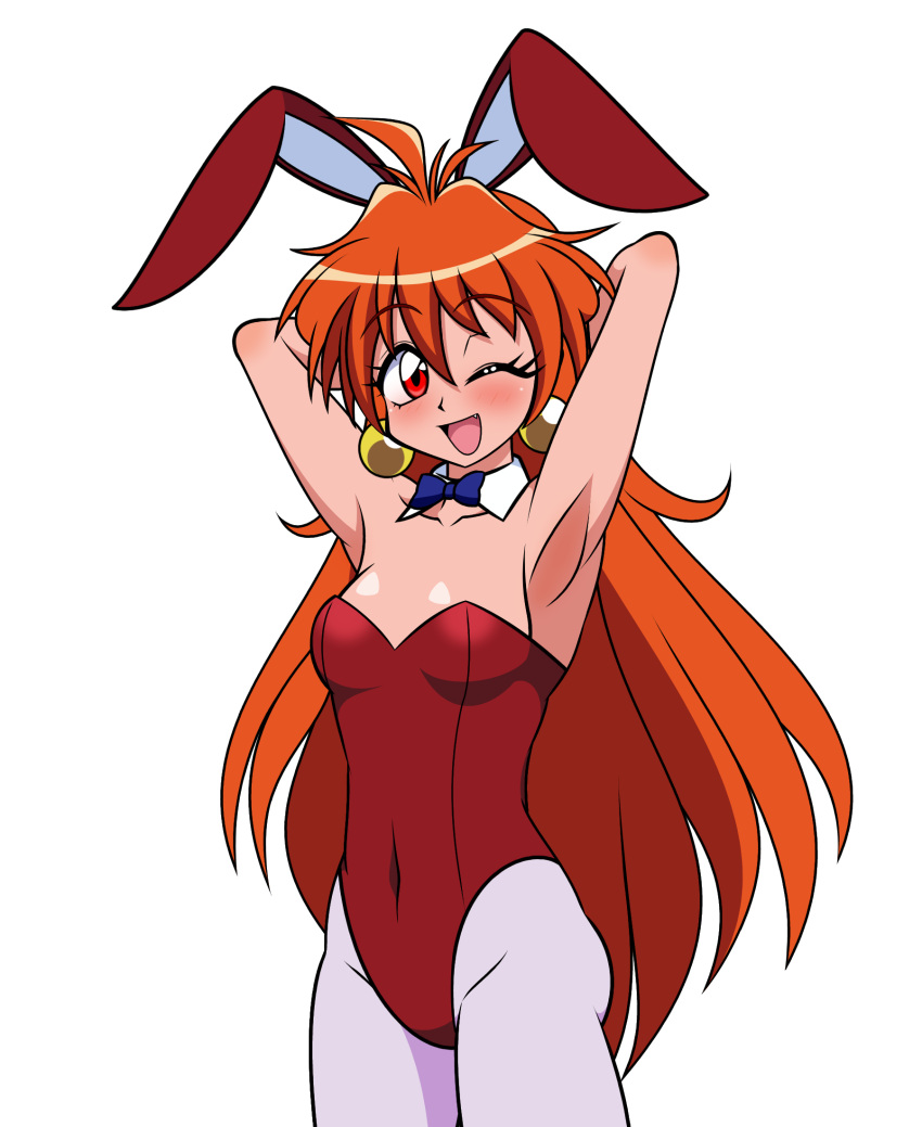 1girl animal_ears arms_behind_head blue_bow blue_bowtie bow bowtie breasts cowboy_shot detached_collar hayakawakenn highres leotard lina_inverse long_hair looking_at_viewer one_eye_closed orange_hair pantyhose playboy_bunny rabbit_ears rabbit_tail red_eyes red_leotard simple_background slayers small_breasts solo tail white_background white_pantyhose