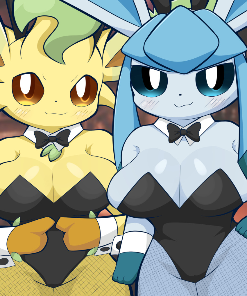 amber_eyes anthro big_breasts blue_body blue_eyes bow_tie breasts bunny_costume clothing costume duo eeveelution female female/female generation_4_pokemon glaceon hi_res leafeon nintendo pok&eacute;mon pok&eacute;mon_(species) sateco small_waist thick_thighs video_games yellow_body