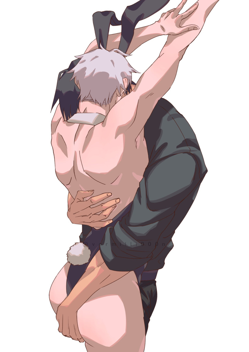 2boys animal_ears arms_up ass ass_grab back backless_outfit bare_shoulders belt black_hair black_leotard black_pants black_shirt detached_collar english_commentary fake_animal_ears fake_tail fingering fingering_through_clothes fingernails fushiguro_touji gojou_satoru hand_on_another's_back highres hug jujutsu_kaisen leotard male_focus male_playboy_bunny multiple_boys muscular muscular_male pants rabbit_ears rabbit_tail shirt short_hair simple_background sleeves_rolled_up strapless strapless_leotard tail thighs through_clothes vermilli000n white_background white_hair yaoi