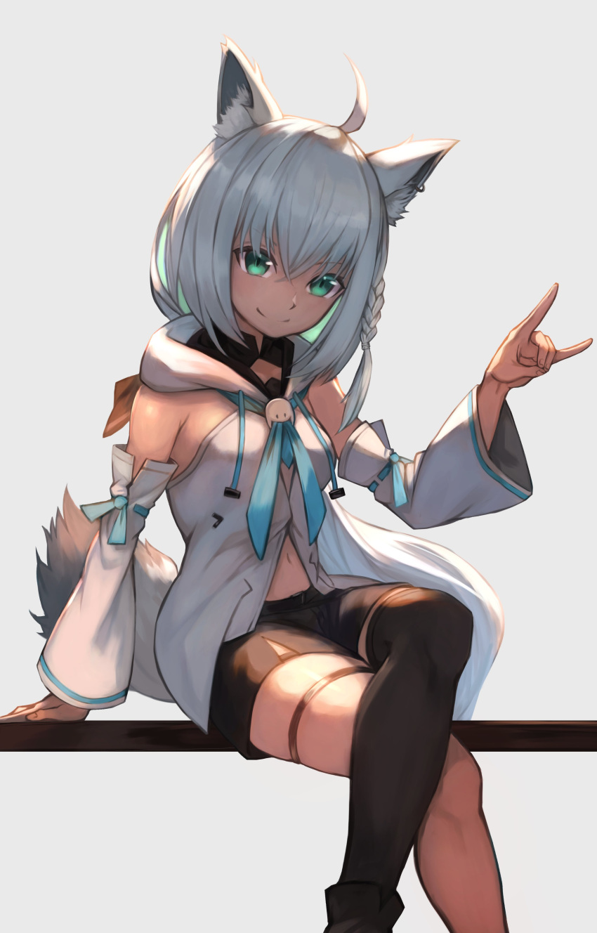 1girl absurdres ahoge animal_ear_fluff animal_ears arm_up bangs barcy black_bow black_shorts black_thighhighs blue_neckerchief bow braid breasts commentary_request crossed_legs detached_sleeves earrings fox_ears fox_girl fox_shadow_puppet fox_tail green_eyes hair_between_eyes hair_bow highres hololive hood hoodie jewelry looking_at_viewer midriff navel neckerchief shirakami_fubuki short_shorts shorts sidelocks simple_background single_braid single_thighhigh sitting small_breasts smile solo tail thigh_strap thighhighs virtual_youtuber white_background white_hair white_hoodie