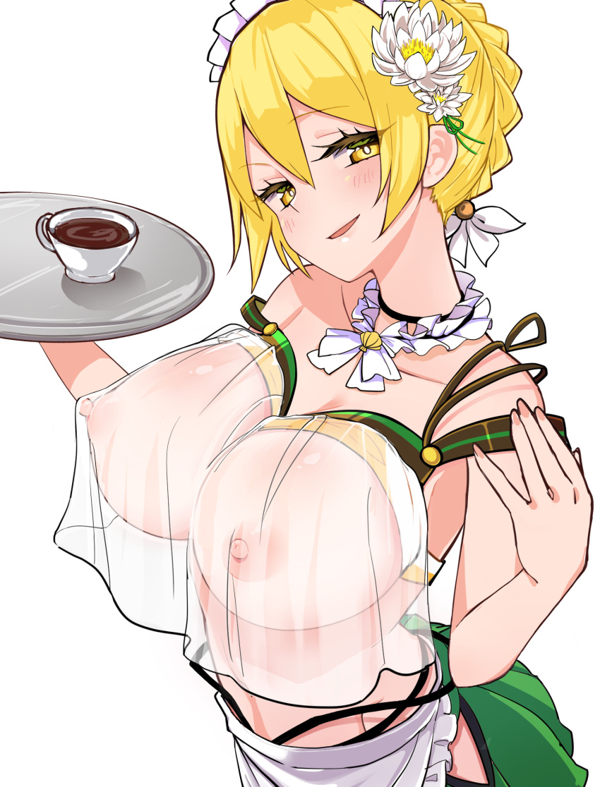 1girl apron blonde_hair blush bow bowtie braid breasts coffee coffee_cup commentary_request crop_top cup disposable_cup flower flower_knight_girl frills hair_between_eyes hair_flower hair_ornament highres large_breasts looking_at_viewer maid maid_apron maid_headdress midriff monaka_(choko_monaka_janbo) navel nipples open_mouth see-through short_hair smug solo suiren_(flower_knight_girl) tray white_background yellow_eyes