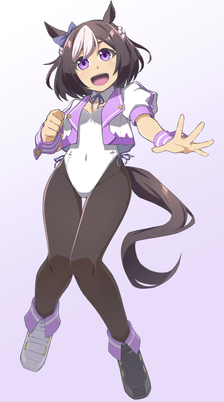 1girl absurdres adapted_costume alto-00 animal_ears black_pantyhose blue_ribbon breasts brown_hair ear_bow full_body gradient gradient_background highres horse_ears horse_girl horse_tail jacket leotard pantyhose puffy_sleeves purple_eyes ribbon short_hair short_sleeves sidelocks small_breasts solo special_week_(umamusume) strapless strapless_leotard tail umamusume white_jacket white_leotard wristband