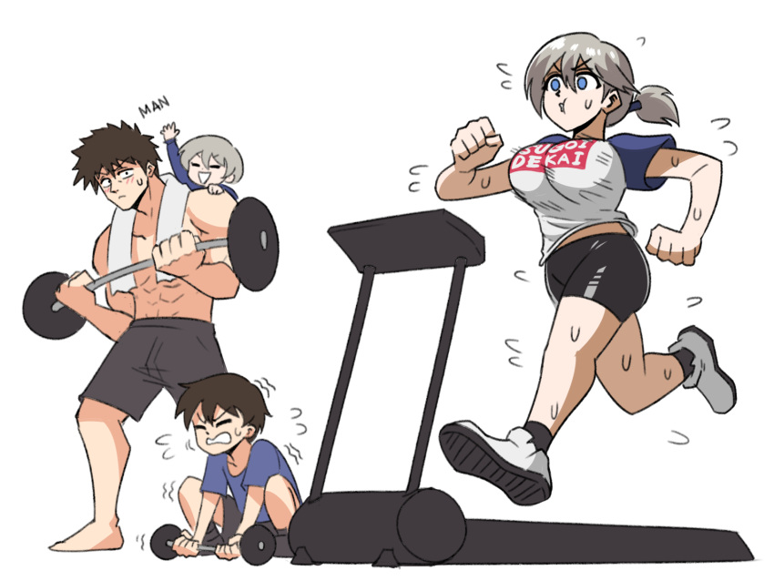 2boys 2girls barbell bike_shorts black_hair bouncing_breasts breasts english_text exercise family father_and_daughter father_and_son female_child flying_sweatdrops grey_hair highres if_they_mated large_breasts male_child mother_and_daughter mother_and_son multiple_boys multiple_girls older ponytail sakurai_shin'ichi shirt simple_background spiked_hair struggling sugoi_dekai t-shirt tina_fate topless_male towel towel_around_neck treadmill uzaki-chan_wa_asobitai! uzaki_hana weightlifting white_background