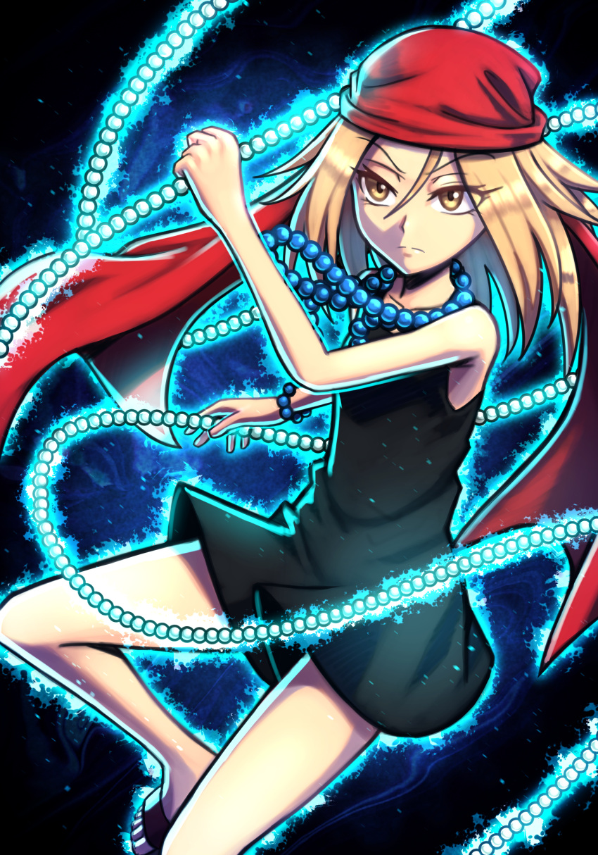 1girl absurdres angry aura bandana beads black_dress blonde_hair blue_background bracelet dress fighting_stance fire glowing highres jewelry kyouyama_anna necklace sandals shaman_king short_hair silverchariotx solo yellow_eyes