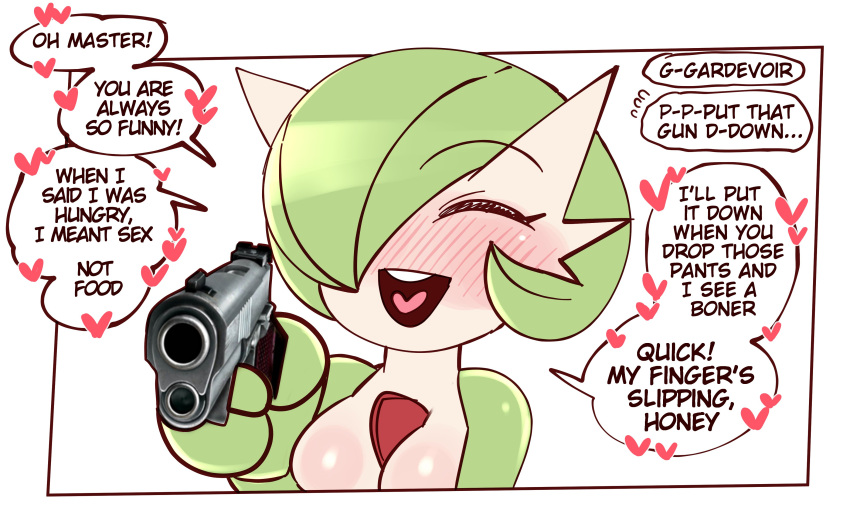 &lt;3 2022 absurd_res blush breasts english_text eyes_closed female gardevoir hi_res holding_object holding_weapon humanoid nintendo not_furry open_mouth pok&eacute;mon pok&eacute;mon_(species) saltyxodium solo speech_bubble text video_games weapon