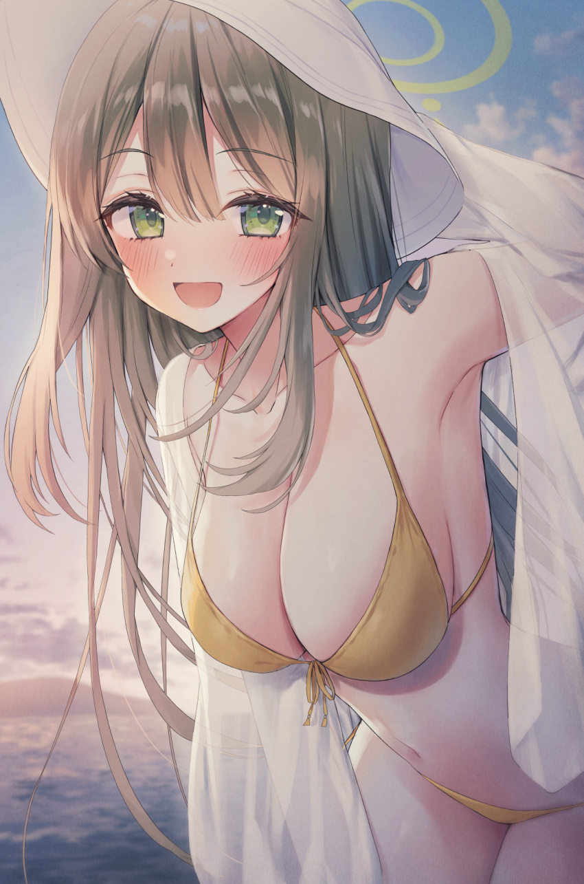 1girl :d arm_behind_head arm_up armpits bangs bare_shoulders bikini blonde_hair blue_archive blush breasts cleavage cloud cloudy_sky cowboy_shot dot_nose evening front-tie_top green_eyes halo halter_top halterneck hat highres kuro_futoshi large_breasts leaning_forward long_hair looking_at_viewer navel nonomi_(blue_archive) nonomi_(swimsuit)_(blue_archive) ocean open_mouth outdoors see-through see-through_shirt shirt sidelocks sky smile solo stomach swimsuit thighs white_headwear white_shirt yellow_bikini
