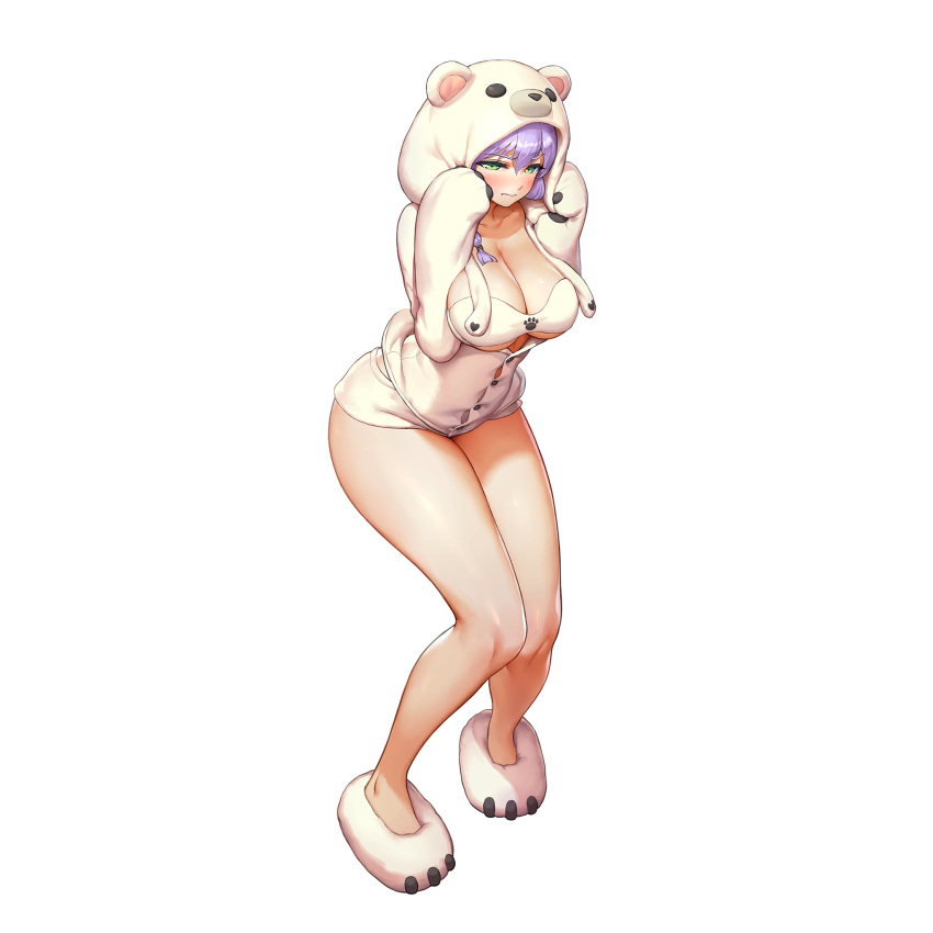 1girl animal_costume animal_hood atalanta_(last_origin) bear_hood bear_slippers blush bra braid breasts cleavage collarbone embarrassed full_body game_cg green_eyes heart highres hood hood_up kakiman large_breasts last_origin legs_together looking_at_viewer naked_shirt official_alternate_costume official_art purple_hair shirt short_shorts shorts simple_background slippers solo tachi-e thighs transparent_background underwear white_bra white_shorts