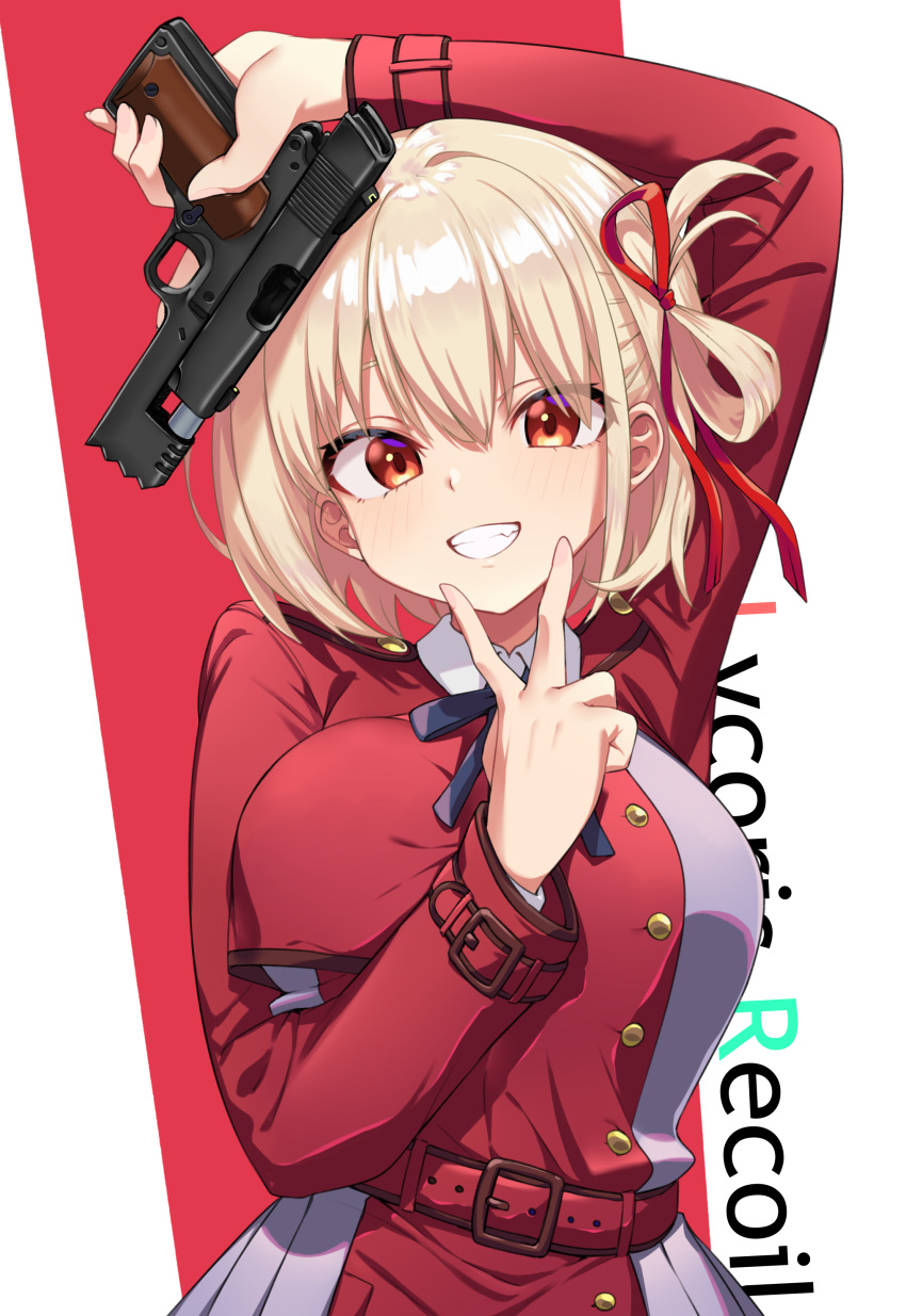 1girl absurdres arm_up belt blonde_hair blue_ribbon breasts copyright_name dress grey_dress grin gun hair_ribbon handgun highres holding holding_gun holding_weapon ivan_wang large_breasts looking_at_viewer lycoris_recoil neck_ribbon nishikigi_chisato one_side_up pleated_dress red_belt red_dress red_eyes red_ribbon ribbon short_hair smile solo upper_body v_over_mouth weapon