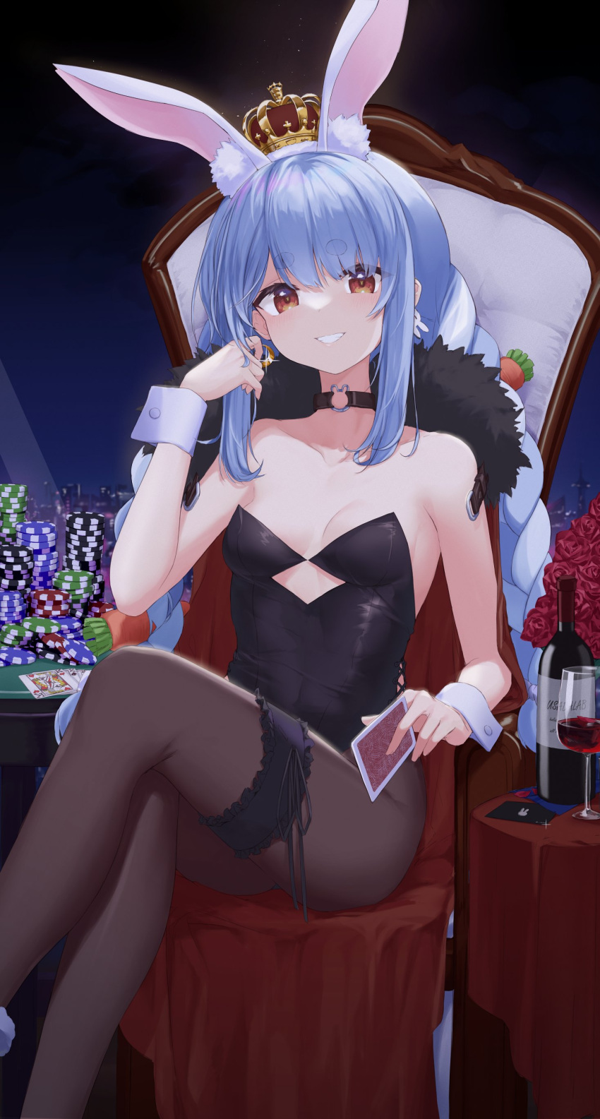 1girl :d absurdres animal_ears bare_shoulders black_choker black_leotard black_pantyhose blue_hair bottle braid breasts bridal_garter bunny-shaped_pupils cape card carrot_hair_ornament casino_card_table choker crescent crescent_earrings crossed_legs crown cutout_above_navel earrings food-themed_hair_ornament fur-trimmed_cape fur_trim hair_ornament hair_twirling highres hololive jewelry leotard long_hair looking_at_viewer multicolored_hair o-ring o-ring_choker orange_eyes pantyhose playboy_bunny playing_card poker_chip rabbit_ears rabbit_girl shiunnkaku sitting small_breasts smile solo strapless strapless_leotard symbol-shaped_pupils table thick_eyebrows throne twin_braids twintails two-tone_hair usada_pekora virtual_youtuber white_hair wine_bottle wrist_cuffs