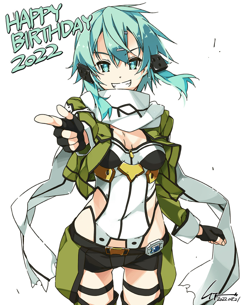 1girl aqua_eyes aqua_hair birthday black_shorts breasts chaps covered_navel cropped_jacket dated green_jacket hair_ornament hairclip happy_birthday highres jacket looking_at_viewer medium_breasts parted_lips pointing pointing_at_viewer scarf shikei shiny shiny_hair shiny_skin short_hair shorts simple_background sinon smile solo standing sword_art_online teeth white_background