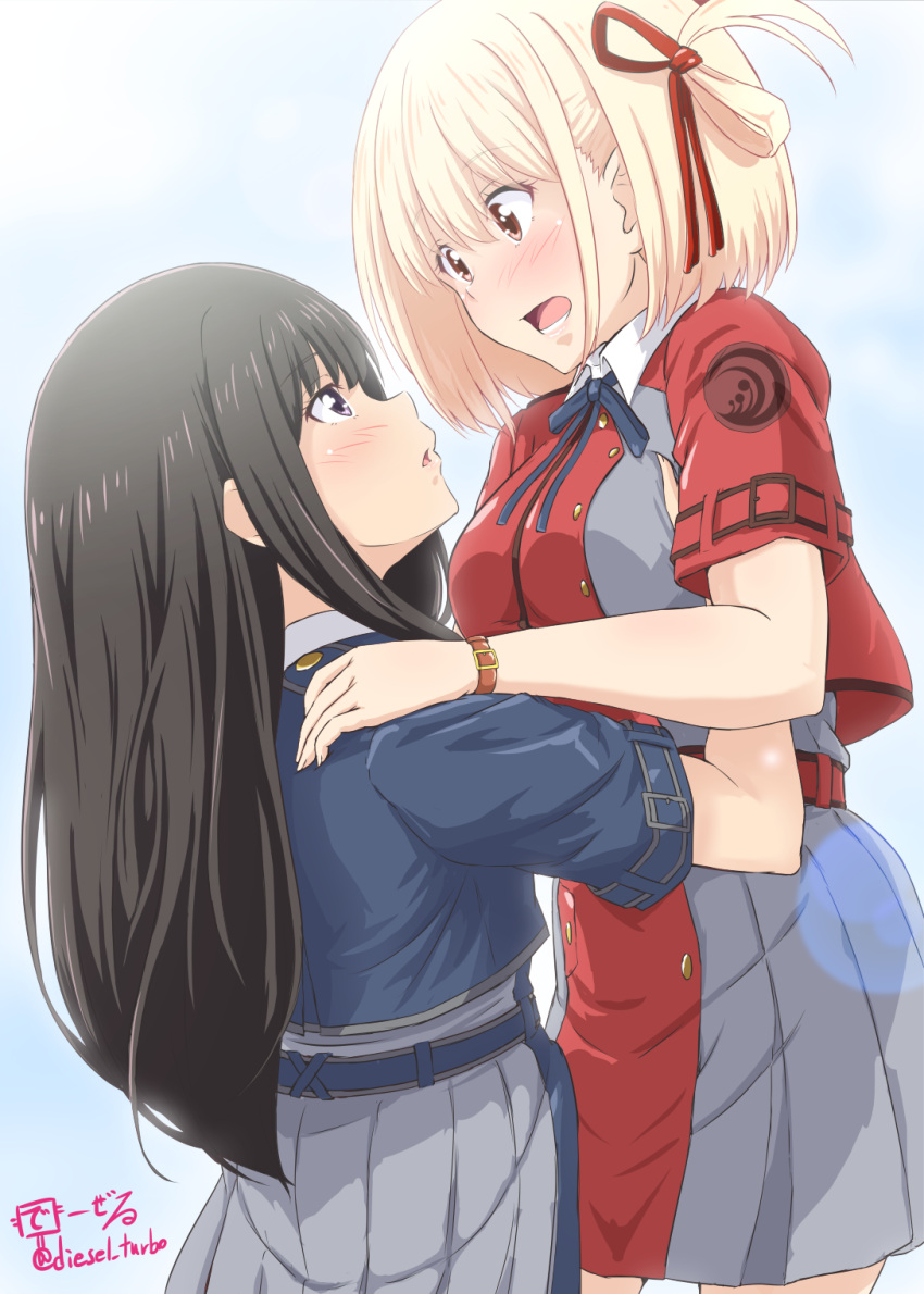 2girls black_hair blonde_hair blue_dress blush carrying diesel-turbo dress eye_contact grey_dress hair_ribbon highres inoue_takina long_hair looking_at_another lycoris_recoil multiple_girls nishikigi_chisato open_mouth purple_eyes red_dress red_eyes red_ribbon ribbon twitter_username uniform yuri