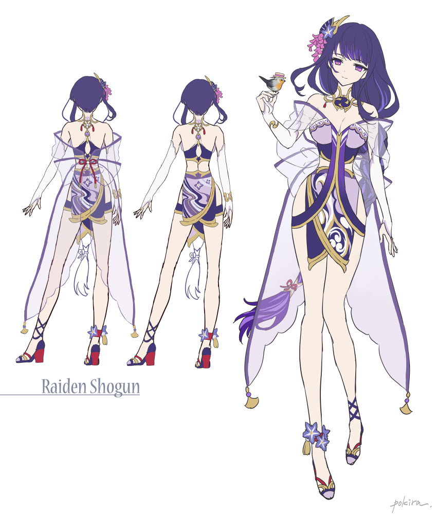 1girl adapted_costume bangs bird blush breasts character_name cleavage closed_mouth collarbone commentary_request full_body genshin_impact highres long_hair medium_breasts multiple_views pokira purple_eyes purple_hair raiden_shogun simple_background solo standing white_background