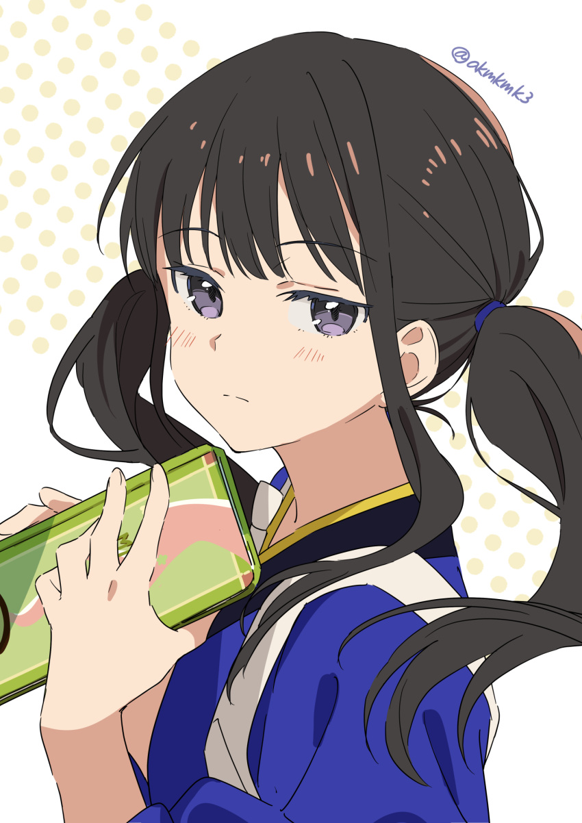 1girl :| akamoku bangs banned_artist black_hair blue_kimono cellphone closed_mouth dotted_background highres holding holding_phone inoue_takina japanese_clothes kimono looking_at_viewer low_twintails lycoris_recoil phone purple_eyes smartphone solo twintails twitter_username white_background
