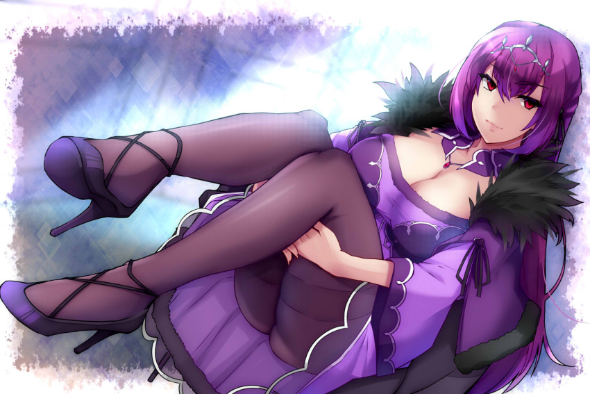 1girl bangs bare_shoulders breasts cleavage detached_collar dress fate/grand_order fate_(series) feather_trim hair_between_eyes high_heels jewelry large_breasts legs_up long_hair long_sleeves looking_at_viewer pantyhose pendant purple_dress purple_hair purple_pantyhose red_eyes scathach_(fate) scathach_skadi_(fate) shimeno_puni sitting solo tiara