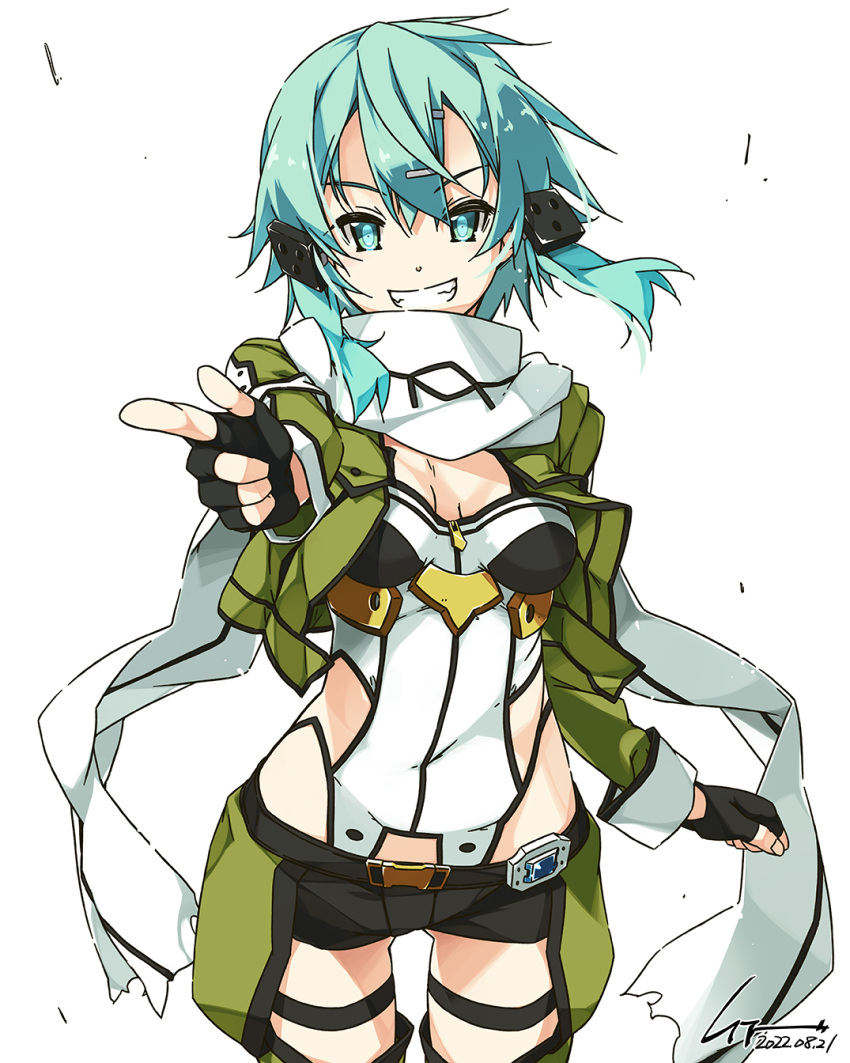 1girl aqua_eyes aqua_hair black_shorts breasts chaps covered_navel cropped_jacket green_jacket hair_ornament hairclip highres jacket looking_at_viewer medium_breasts parted_lips pointing pointing_at_viewer scarf shikei shiny shiny_hair shiny_skin short_hair shorts simple_background sinon smile solo standing sword_art_online teeth white_background