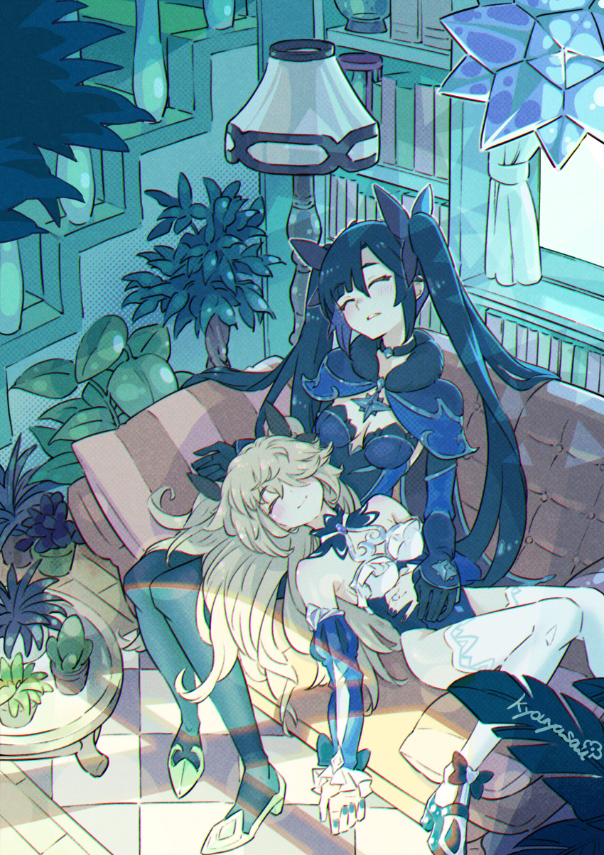 2girls absurdres black_hair blonde_hair book closed_eyes couch fischl_(genshin_impact) genshin_impact hair_over_one_eye highres indoors kyouyasai4423 lamp lap_pillow lying mona_(genshin_impact) multiple_girls nail_polish pillow plant potted_plant sitting sleeping smile stairs