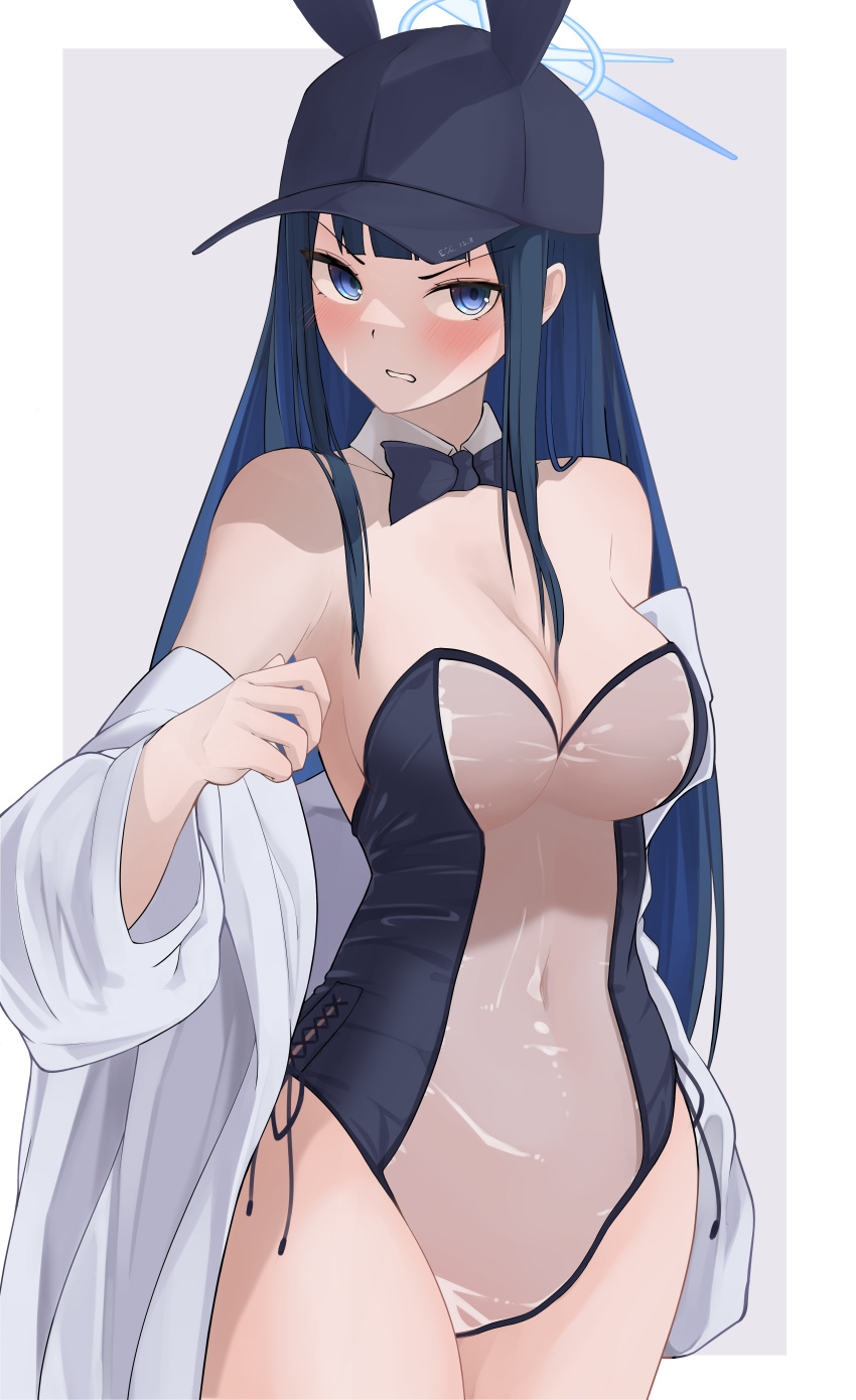 1girl absurdres animal_ears bare_shoulders baseball_cap black_bow black_bowtie blue_archive blue_eyes blue_hair blush bow bowtie breasts cleavage clenched_teeth covered_navel detached_collar halo hat highres kakimoto_nao long_hair medium_breasts off_shoulder pillarboxed rabbit_ears saori_(blue_archive) scowl shirt solo straight_hair teeth thighs translucent_bunnysuit v-shaped_eyebrows very_long_hair white_shirt