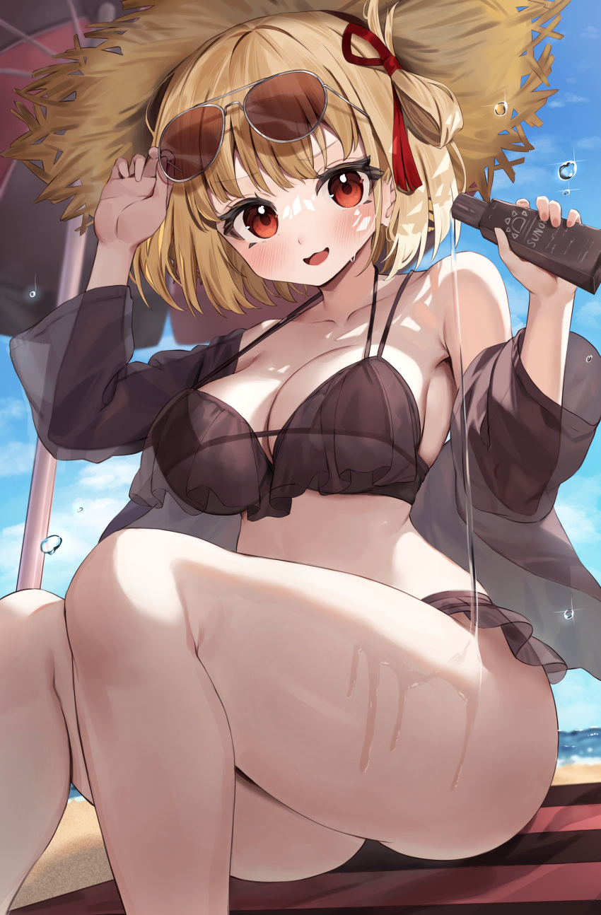 1girl :d absurdres beach beach_towel beach_umbrella bikini blonde_hair blue_sky blush bottle breasts brown_bikini brown_shirt cloud day eyewear_on_head feet_out_of_frame hair_ribbon hand_on_eyewear hat highres holding holding_bottle large_breasts lotion_bottle lycoris_recoil nishikigi_chisato off_shoulder oil one_side_up open_mouth outdoors red_eyes red_ribbon ribbon shirt sitting sky smile solo spilling strap_gap straw_hat sunglasses swimsuit thighs towel umbrella water_drop wet yuk_(pakyaru)