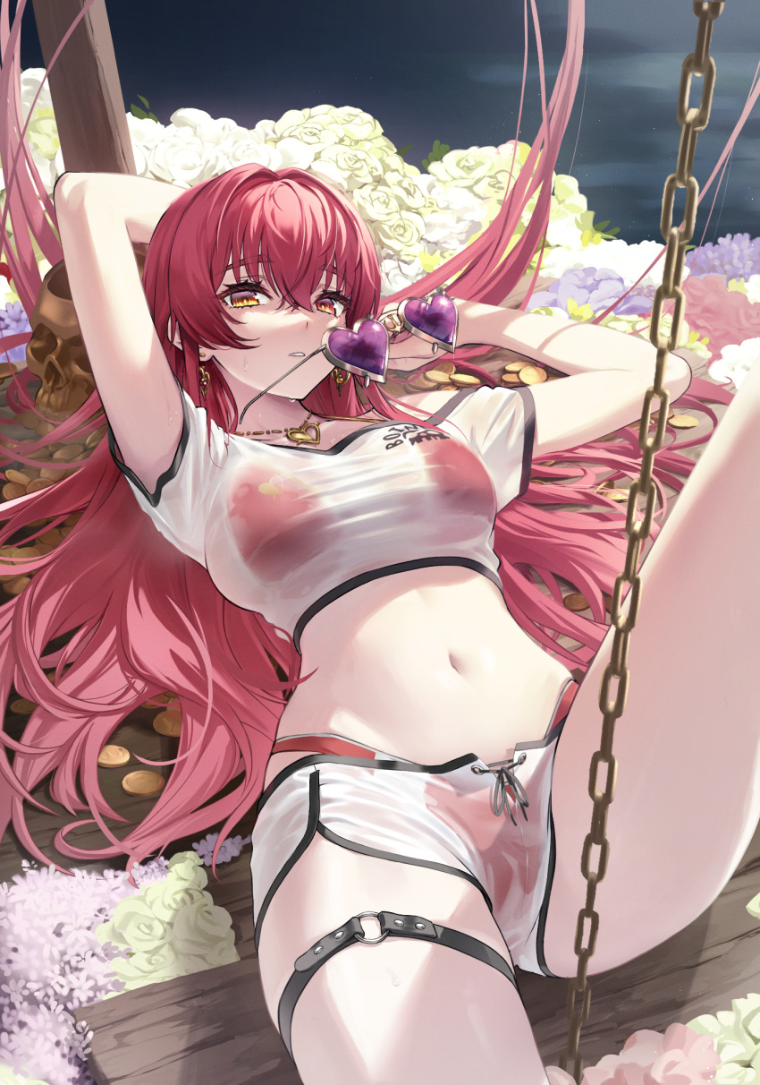 1girl bikini bikini_under_clothes breasts chain coin dolphin_shorts earrings flower gold_coin heart heart-shaped_eyewear heart_earrings heart_necklace highres holding holding_eyewear hololive houshou_marine jewelry kojy long_hair looking_at_viewer lying midriff navel necklace off-shoulder_shirt off_shoulder on_back parted_lips red_bikini red_eyes red_hair rose shirt short_shorts shorts skull_cup solo stomach sunglasses swimsuit very_long_hair virtual_youtuber wet wet_clothes wet_shirt white_flower white_rose white_shirt white_shorts yellow_eyes