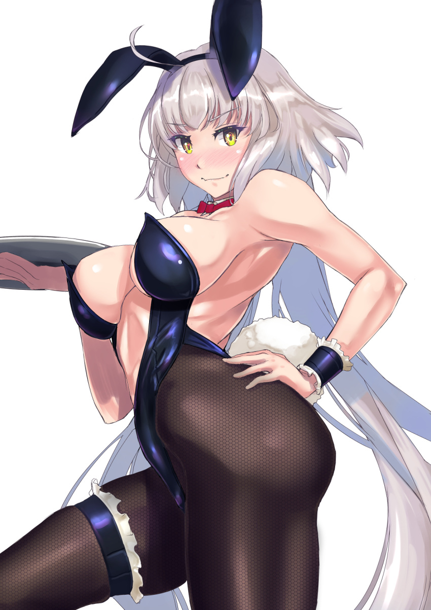 1girl animal_ears bangs black_leotard blush breasts covered_navel detached_collar fake_animal_ears fate/grand_order fate_(series) grey_hair highleg highleg_leotard highres jeanne_d'arc_alter_(avenger)_(fate) jeanne_d'arc_alter_(fate) large_breasts leotard long_hair looking_at_viewer nenchi pantyhose playboy_bunny rabbit_ears rabbit_tail smile solo tail tray very_long_hair wrist_cuffs yellow_eyes