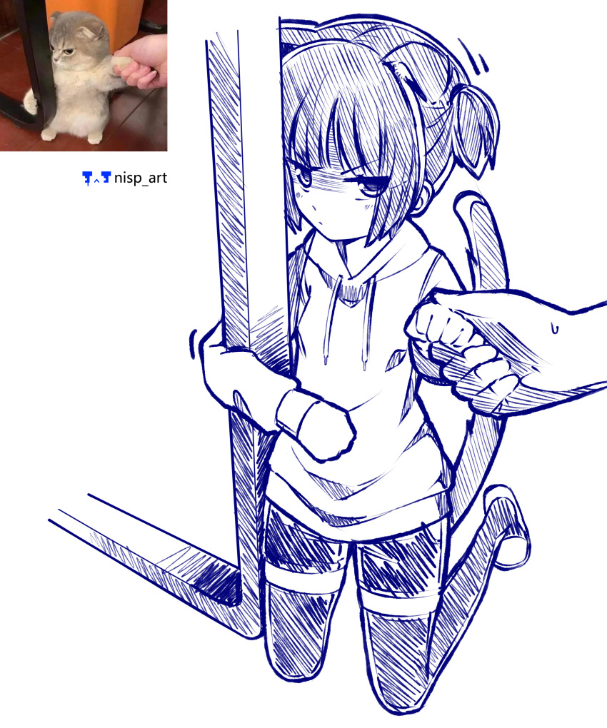 1girl absurdres angry animal_ears artist_logo artist_name bangs cat_ears cat_girl cat_tail clenched_hands drawstring highres holding_another's_wrist hood hoodie kneeling looking_at_viewer meme nisp_art one_side_up original pen_(medium) reference_inset short_hair shorts sidelocks slippers solo solo_focus sweatdrop tail thighhighs v-shaped_eyebrows
