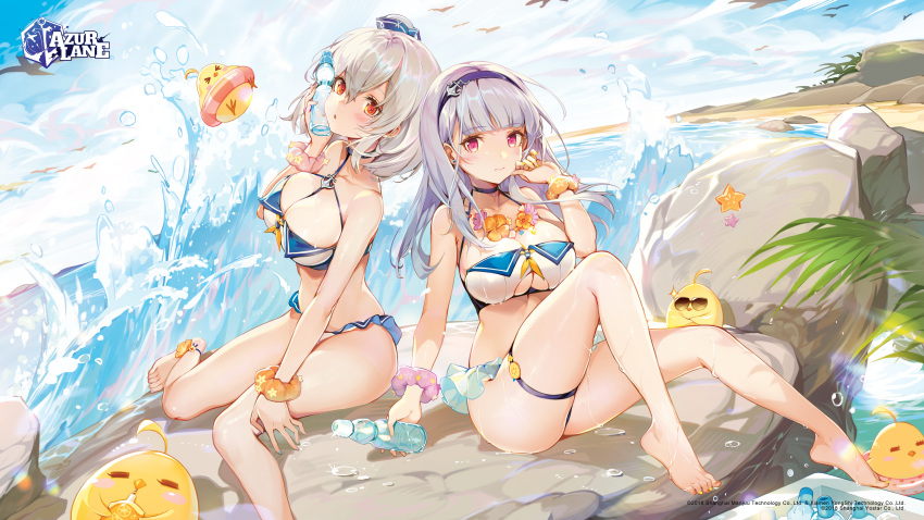 2girls absurdres akizero1510 azur_lane bare_legs barefoot bikini bottle bottle_to_cheek breasts dido_(azur_lane) flower flower_necklace grey_hair highres holding holding_bottle large_breasts long_hair manjuu_(azur_lane) medium_hair multiple_girls purple_eyes red_eyes sirius_(azur_lane) swimsuit white_bikini