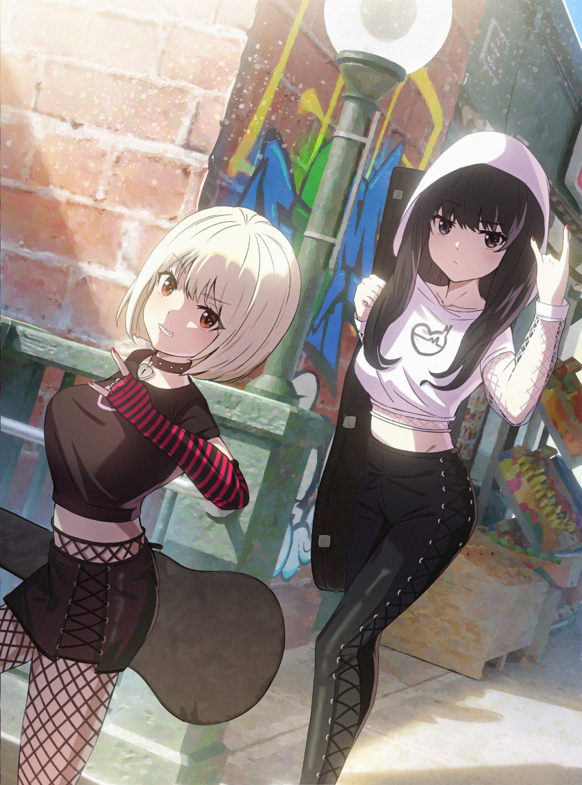 2girls \n/ absurdres black_hair blonde_hair brick_wall choker clenched_teeth edgar_syu elbow_gloves fingerless_gloves fishnet_pantyhose fishnets gloves graffiti grin guitar_case highres inoue_takina instrument_case lamppost long_hair looking_at_viewer lycoris_recoil multiple_girls nishikigi_chisato pantyhose railing short_hair skirt smile striped striped_gloves teeth