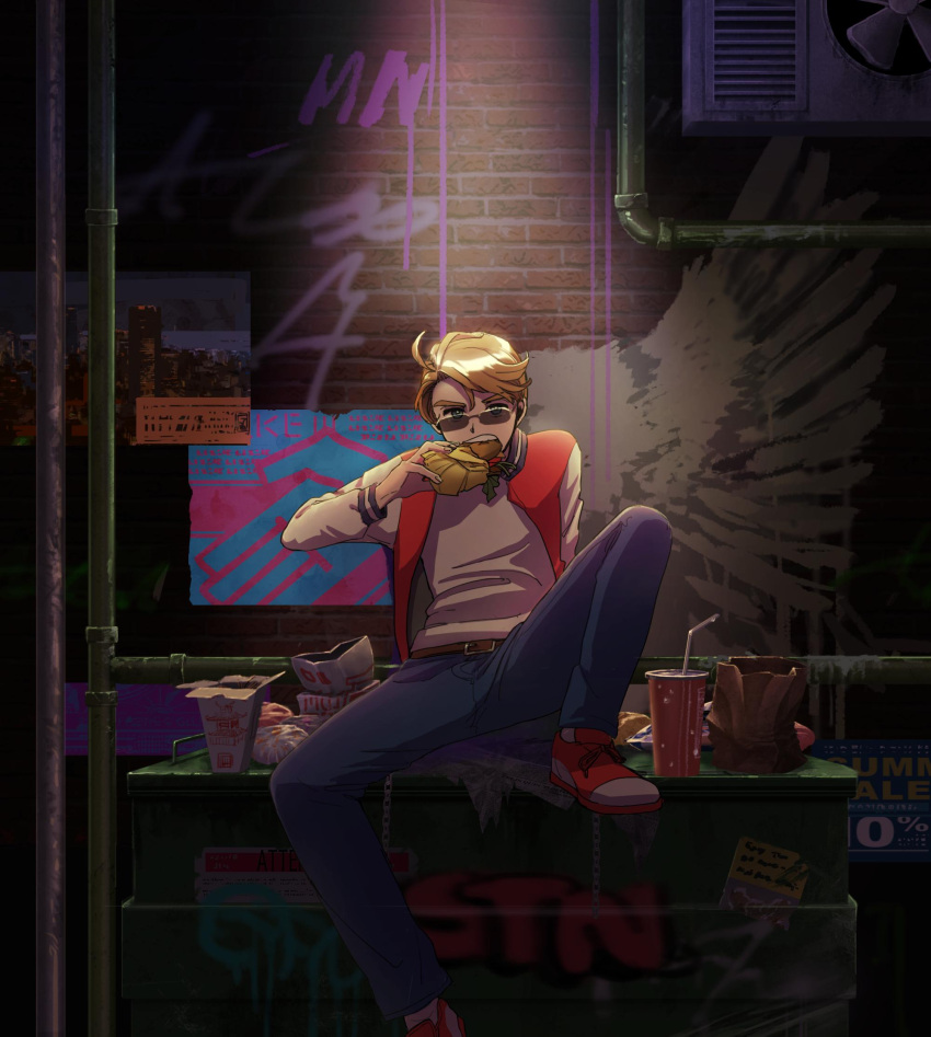1boy ahoge alley america_(hetalia) axis_powers_hetalia bag blonde_hair brick_wall burger cup denim denim_shorts disposable_cup drinking_straw dumpster eating fast_food food food_in_mouth food_wrapper graffiti highres jacket leg_up letterman_jacket male_focus paper_bag pcpc_onaka red_footwear shoes shorts sitting sneakers spotlight sunglasses takeout_container