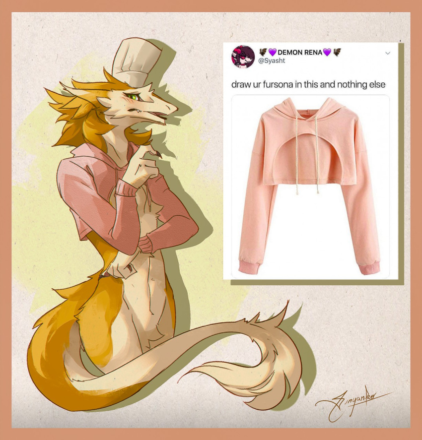 anthro border butt_tuft cheek_tuft clothing crotch_tuft facial_tuft featureless_crotch fur glistening glistening_eyes green_eyes hi_res male meme open_mouth pink_border pink_clothing pink_topwear sergal signature solo tail_tuft topwear tuft vinyanko white_body white_fur white_tail white_tail_tuft yellow_body yellow_ears yellow_fur yellow_tail