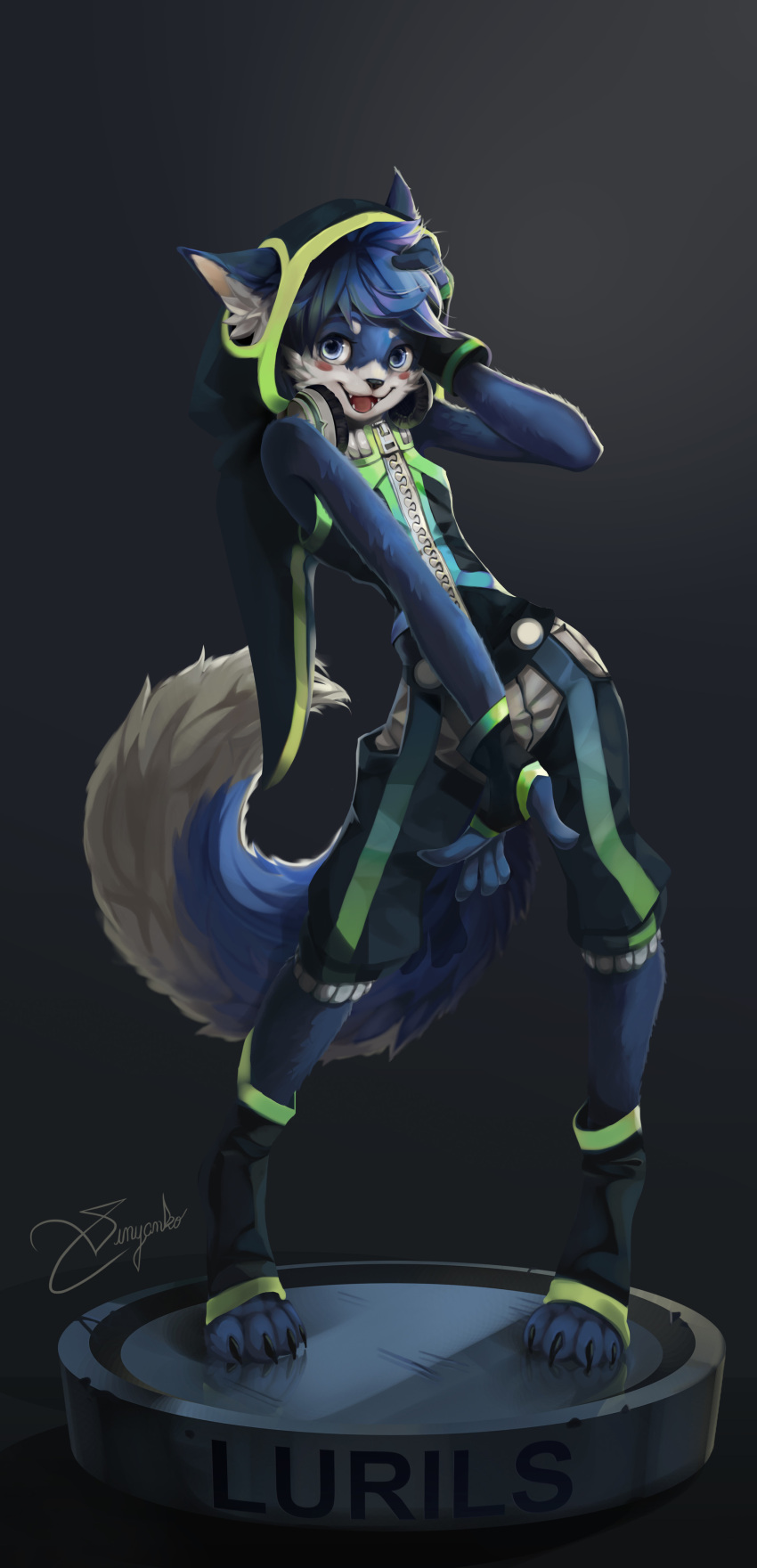 absurd_res anthro black_claws black_nose blue_body blue_ears blue_eyes blue_fur blue_hair blue_tail cheek_tuft claws clothed clothing facial_tuft fangs fingerless_gloves front_view fur glistening glistening_eyes gloves hair hand_on_head handwear hi_res inner_ear_fluff looking_at_viewer lurils male open_mouth open_smile red_tongue simple_background smile solo standing tan_inner_ear toe_claws tongue tuft vinyanko white_body white_fur white_inner_ear_fluff white_tail