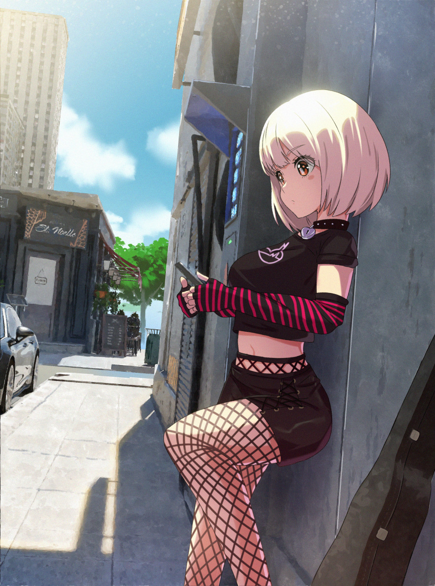 1girl absurdres against_wall alternate_costume black_collar black_shirt black_skirt blonde_hair blue_sky bob_cut breasts building car casual cellphone closed_mouth cloud collar crop_top day edgar_syu elbow_gloves fingerless_gloves fishnet_pantyhose fishnets gloves ground_vehicle heart_pendant highres holding holding_phone jewelry large_breasts locket lycoris_recoil midriff miniskirt motor_vehicle navel nishikigi_chisato outdoors pantyhose pendant phone red_eyes shirt short_hair short_sleeves skirt sky smartphone solo striped striped_gloves
