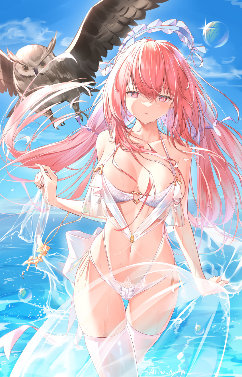 1girl absurdres arino_ayarei arm_at_side azur_lane bare_arms bare_shoulders bikini bird blue_sky breasts bubble cleavage floating_hair frilled_hairband frills hair_between_eyes hairband hairband_removed halter_top halterneck hand_up heart_o-ring highres long_hair looking_at_viewer medium_breasts multi-strapped_bikini navel ocean owl parted_lips perseus_(azur_lane) pink_eyes pink_hair see-through sky sparkle standing stomach swimsuit thighhighs thighs twintails wet white_bikini white_thighhighs