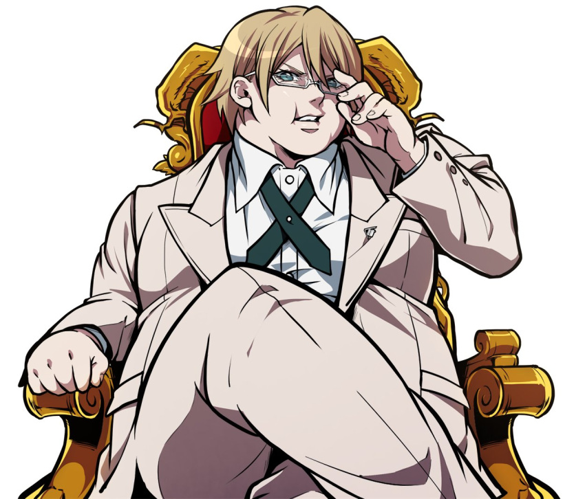 1boy adjusting_eyewear blonde_hair blue_eyes chair collared_shirt crossed_legs danganronpa_(series) danganronpa_2:_goodbye_despair fat fat_man formal glasses imoni_(1110) looking_at_viewer male_focus necktie obese semi-rimless_eyewear shirt simple_background sitting suit throne togami_byakuya_(danganronpa_2) under-rim_eyewear v-shaped_eyebrows white_background white_shirt white_suit