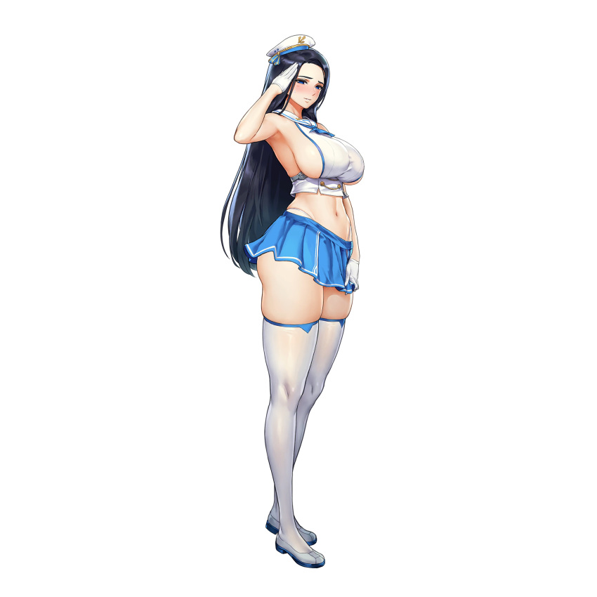 1girl black_hair blue_eyes blush breasts clothes_pull crop_top full_body game_cg gloves hat highres invincible_dragon_(last_origin) kakiman large_breasts last_origin long_hair looking_at_viewer microskirt nervous official_alternate_costume official_art purple_hair revealing_clothes sailor_collar sailor_hat sailor_shirt salute see-shirt shirt simple_background skindentation skirt skirt_pull solo sweatdrop tachi-e thighhighs thighs thong transparent_background undersized_clothes white_gloves white_thighhighs wide_hips zettai_ryouiki
