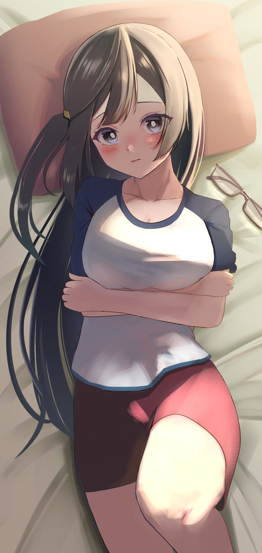 1girl absurdres bangs bed_sheet blush breasts brown-framed_eyewear brown_hair cleavage closed_mouth collarbone crossed_arms feet_out_of_frame highres knee_up lipgloss long_hair looking_at_viewer love_live! love_live!_nijigasaki_high_school_idol_club lying medium_breasts multicolored_shirt nakagawa_nana on_back on_bed panaham pillow purple_eyes red_shorts shirt shorts side_ponytail solo very_long_hair white_shirt yuuki_setsuna_(love_live!)