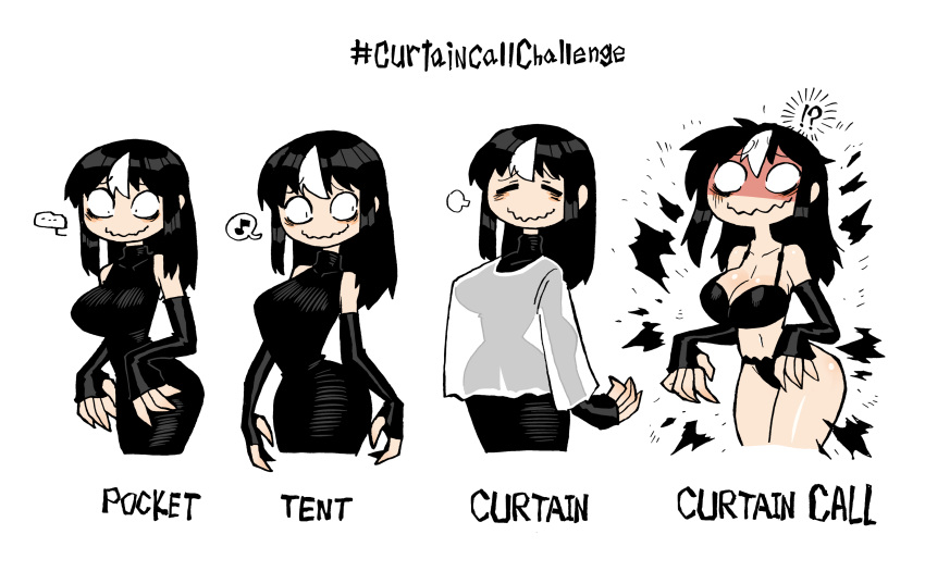 !? 1girl =_= absurdres bags_under_eyes black_bra black_dress black_hair black_panties bra breasts closed_eyes collarbone cowboy_shot curtain_call_challenge_(meme) detached_sleeves dress english_text exploding_clothes highres large_breasts long_dress long_fingers looking_down looking_to_the_side meme messy_hair multicolored_hair musical_note no_pupils noss_(rariatto) original panties rariatto_(ganguri) ribbed_dress sanpaku see-through_silhouette shaded_face shirt shirt_overhang sidelocks sigh speech_bubble spoken_musical_note streaked_hair turtleneck underwear vampire visible_air wavy_mouth white_background white_shirt