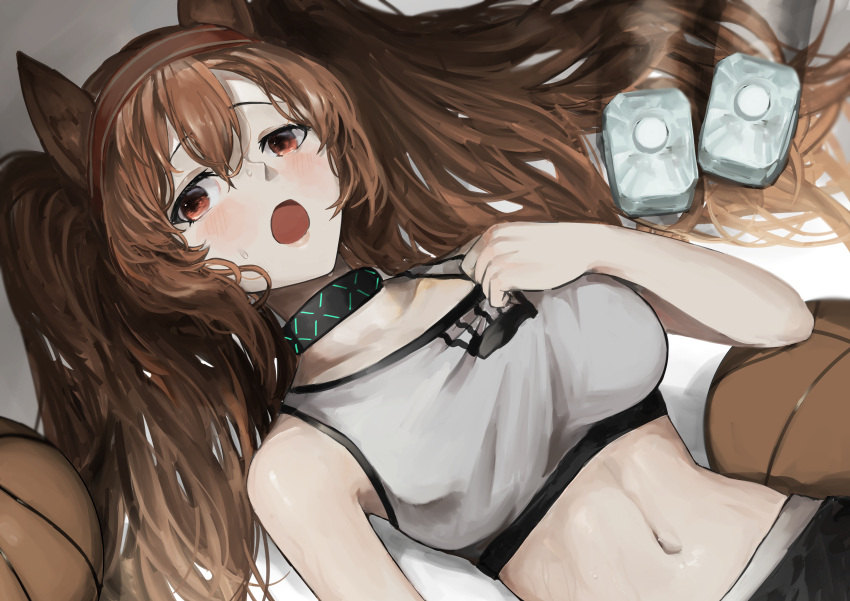 1girl absurdres angelina_(arknights) animal_ears arknights bangs bare_shoulders basketball black_choker blush breasts brown_hair choker commentary_request crop_top fox_ears hair_between_eyes hairband hand_on_own_chest hand_up highres infection_monitor_(arknights) kajuu long_hair looking_at_viewer medium_breasts midriff navel official_alternate_costume open_mouth partial_commentary red_eyes solo sports_bra stomach twintails upper_body very_long_hair