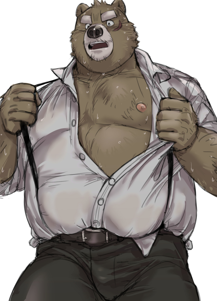 2022 amamiya anthro belly black_nose bodily_fluids bottomwear brown_body clothing hi_res humanoid_hands kemono male mammal overweight overweight_male pants shirt simple_background solo suspenders sweat topwear ursid white_background
