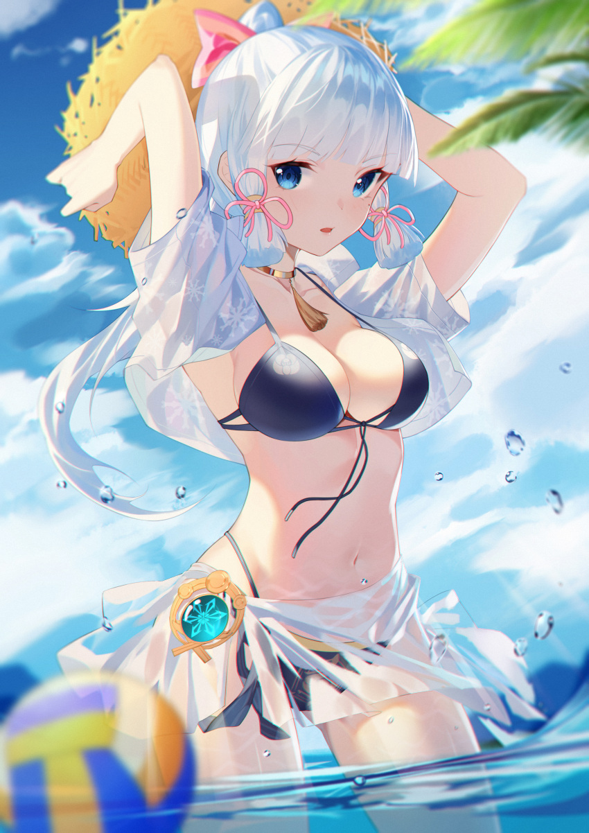 1girl absurdres arms_up ball bangs beachball bikini black_bikini black_ribbon blue_eyes blue_hair blue_sky blunt_bangs bow breasts cleavage cloud collarbone cowboy_shot cropped_legs day front-tie_bikini front-tie_top genshin_impact hair_bow hair_ribbon hat headwear_removed highres kamisato_ayaka large_breasts long_hair looking_at_viewer miniskirt navel open_clothes open_mouth open_shirt outdoors pink_bow pink_ribbon ponytail ribbon see-through sherrya shirt short_sleeves skirt sky snowflake_print solo stomach strap_gap straw_hat swimsuit tassel vision_(genshin_impact) white_shirt yellow_headwear