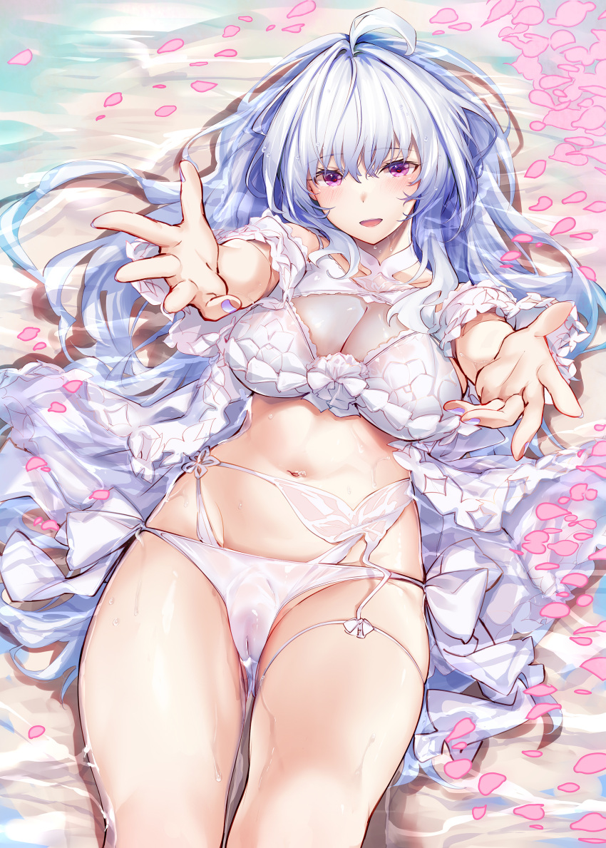 1girl absurdres ahoge bikini breasts cameltoe carry_me cleavage commentary_request fate/grand_order fate_(series) frilled_bikini frilled_swimsuit frills garter_straps heart heart-shaped_pupils highres hinasaki_you long_hair looking_at_viewer lying merlin_(fate/prototype)_(swimsuit_pretender) merlin_(fate/prototype)_(swimsuit_pretender)_(second_ascension) navel on_back outstretched_arms petals purple_eyes red_eyes see-through shore smile solo swimsuit symbol-shaped_pupils wet wet_clothes wet_swimsuit white_bikini white_hair