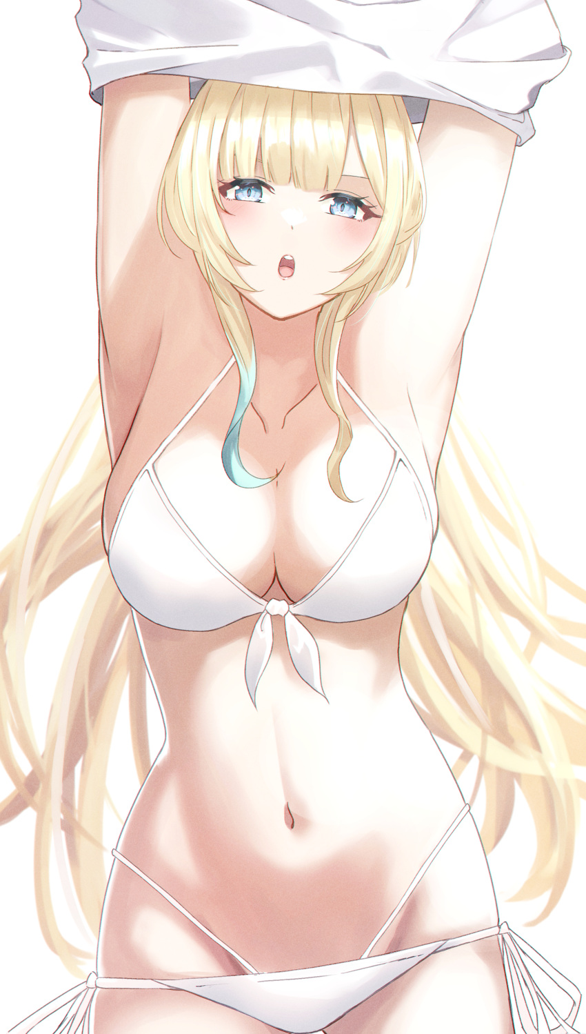 1girl absurdres aizawa_ema arms_up bangs bikini blonde_hair blue_eyes blue_hair breasts front-tie_bikini front-tie_top gradient_hair highres large_breasts long_hair looking_at_viewer multi-strapped_bikini multicolored_hair navel open_mouth side-tie_bikini simple_background solo soramick stomach swimsuit undressing very_long_hair virtual_youtuber vspo! white_background white_bikini