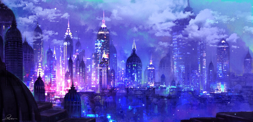 building city city_lights cityscape cloud cloudy_sky commentary dome glowing highres kurasuta night night_sky no_humans original outdoors purple_theme scenery signature sky skyscraper